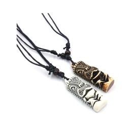 2PCS Hawaiian Protection Amulet Lucky Pendant Necklace Vintage Tiki Fish Hook Turtles Tortoise Shark Wolf Tooth Caved Satue Adjustable Rope Chain Necklaces for Men Women-Tiki