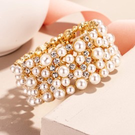 EVER FAITH Women's Crystal Simulated Pearl Stunning Bride Wedding Stretch Bracelet Clear Gold-Tone