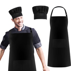 AIBAOBAO Kitchen Apron for Men Women, Chef's Hat and Apron Set, Adjustable Apron, Bib Apron with Pocket, Baking Apron Women, Cooking Apron Black, 70 x 65 cm, for Cooking, Baking, Kitchen, black