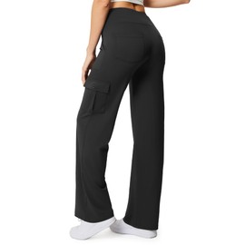 Casei Yoga Pants with Pockets for Women Wide Leg Cargo Pants High Waist Crossover Stretch Work Travel Casual Sweatpants,Black(S)