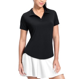 MIER Polo Shirts for Women V Neck Short Sleeve Golf Tennis Shirts Quick Dry Soft UPF 50+ Collared Active Tops, Black, L