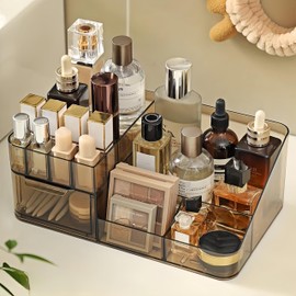 SLHEQING Makeup organiser with Drawers, Cosmetics Organiser Acrylic Dressing Table Organiser for washstands, bedrooms, bathrooms, Vanity (Amber-A)