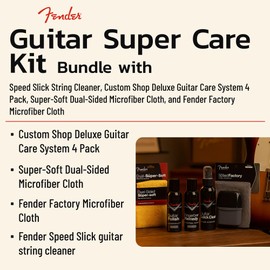 Fender Guitar Super Care Kit Bundle with Speed Slick String Cleaner, Custom Shop Deluxe Guitar Care System 4 Pack, Super-Soft Dual-Sided Microfiber Cloth, and Fender Factory Microfiber Cloth
