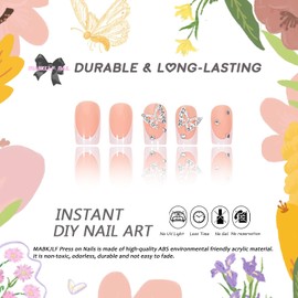 Press on Nails Extra Short Square MABKJLF French Tip Fake Nails Nude Full Cover Glue on Nails Rhinestones False Nails Butterfly Charm Acrylic Nails Stick on Nails Artificial Nails for Women Girls
