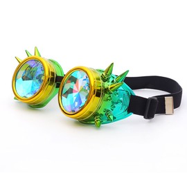 RuiJinGen Kaleidoscope Steampunk Goggles Rave Glasses Rainbow Prism Diffraction EDM Psychedelic Lenses (A14 GoldGreen)