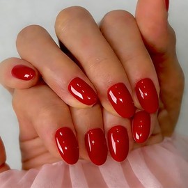 SXVME Uñas postizas cortas de gel suave, 32 piezas, 16 tamaños, rojo claro transparente, ovaladas, reutilizables, con pegamento, palito de almendra na