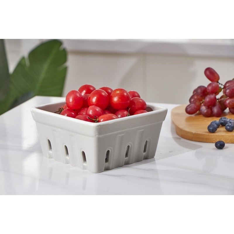 ONEMORE Ceramic Berry Basket, Square Fruit Bowls, Rustic Stoneware Berry