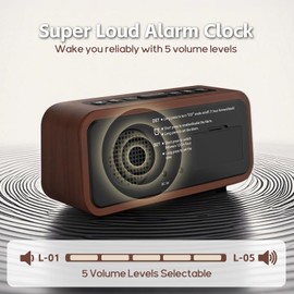 Loud Alarm Clocks Bedside, Wooden Alarm Clock with 12 Alarm Sounds, 5 Volumes, 5 Brightness, LED Display, Snooze, Manual DST, Loud Alarm Clocks for Bedroom Living Room, Mains Powered (Red)