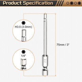 HARFINGTON H3.0 Hex Head Screwdriver Bit 3.0mm Metric Flat Tip 1/4" Hex Shank 75mm (3") Long Magnetic Hexagonal Screw Drill Bit Wrench Chrome Plated Power Driver Socket