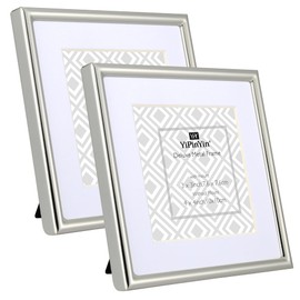 YiPinYin 4x4'' Sqaure Simply Silver Metal Picture Frame With Mat for 3x 3'' Set of 2, Narrow Silver Plated metal Photo Frames 3x3'' With Soft Touch Velvet Backing for Desktop and Wall Décor