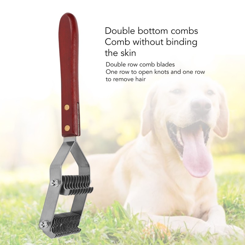 Pet Dematting Comb 2 Rows Stainless Steel Blades Wooden Handle
