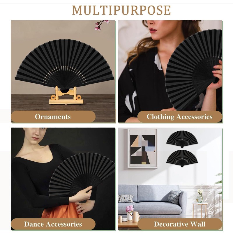 JOOTUEPO Black Folding Hand Fan, 2 Pack Black Silk Fabric