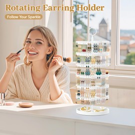 TANOSAN 6 Tier Rotating Earring Holder Organizer Stand Adjustable Plastic Display Tree with Metal Tray for Women, 342 Slots Rack for Stud, Hoop& Dangle (White)