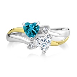 Gem Stone King 925 Silver and 10K Yellow Gold London Blue Topaz and White Moissanite and White Lab Grown Diamond Ring For Women (0.99 Cttw, November Birthstone, Heart Shape 5MM, Size 6)
