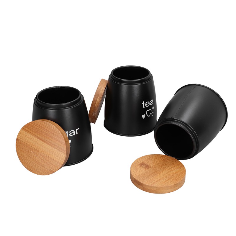 3Pcs Coffee Tea Sugar Container Set Bamboo Lid Durable Iron