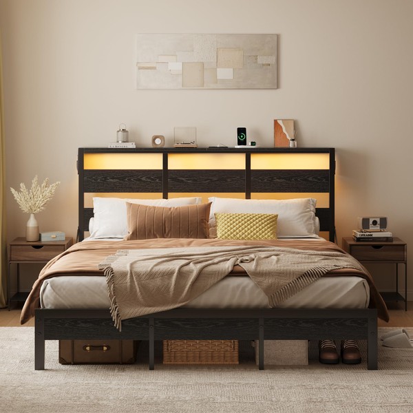 Bestier Queen Bed Frame with Headboard Storage and Charging Station,