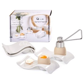 ChasBete Egg Cups Set of 4, Ceramic Egg Holder+ Boiled Egg Cutter, White Egg Cup Decor for Breakfast and Brunch