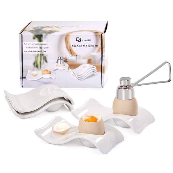 ChasBete Egg Cups Set of 4, Ceramic Egg Holder+ Boiled