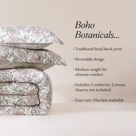 Lush Decor Zara Floral Block Reversible Comforter 3 Piece Set Full/Queen Misty Rose - Floral Comforter - Block Print Bedding Set - Vintage Boho Decor