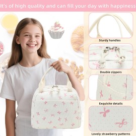 LEDAOU - Lonchera aislada para mujer, bolsa de almuerzo de pana, a prueba de fugas, para viajes, trabajo, picnic (lazo rosa)