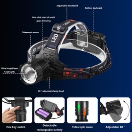 USB headlamp rechargeable, 100000lm ultra bright headlight,5 modes and 90°angle frontal headlight, IPX7 waterproof, 10-40h ultra long battery life,suitable for hiking,camping,adult safety helmet