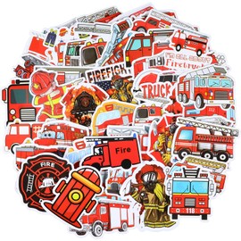 100Pcs Fire Truck Stickers, 2.4'' Waterproof Firefighter Stickers for Kids, Cute Vinyl Fire Helmet Reward Sticker Fire Safety Decals, Firetruck Sticker for Scrapbooking Water Bottle Skateboard Decor