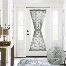 Lazzzy French Door Curtains with 1 Tieback Floral Embroidery French Door Sheer Curtain Panel 72 inch 1 Piece Grey