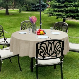 LUSHVIDA Outdoor Tablecloth with Umbrella Hole - Patio Table Cloth Zippered Round 60 Inch, Faux Linen Table Cover Water Resistant for Picnic Outside, Natural Color