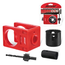 Becowin Door Lock Installation Kit: 1-3/8" - 1-3/4" Deadbolt Door Lock Installation Set with Adjustable Guide Template - Door Lock Hole Saw Kit ldeal for Wooden Doors Knob Installing, Red