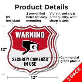 Video Surveillance Shield Sign Warning Security Cameras In Use (2 Pack) 12 inch X 12 inch Shield Shaped Commercial Grade Plastic Signs Weather Resistant, UV Protected Made in the USA