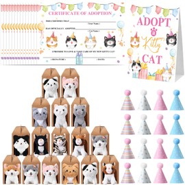 Cinnvoice 65 Pcs Adopt a Cat Party Favors Include 16 Stuffed Cat Animals 16 Foldable Kraft Boxes 16 Cute Birthday Hats 16 Adoption Certificate Card 1 Adoption Sign for Adopt a Cat Party Favor Supplies