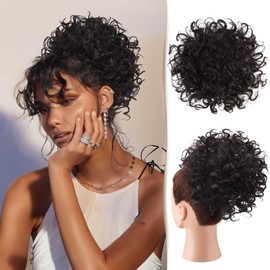 Sidaila Messy Bun Hair Piece Curly Bun Hair Pieces for Women 80g Drawstring Ponytail Loose Wavy Hair Buns Hair Piece Short Ponytail Extension Tousled Fake Hair Bun for Black Women - Black Brown
