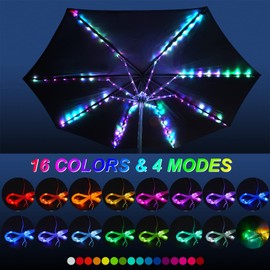 Guirnalda de luces para sombrilla de patio, 16 colores, luces para paraguas al aire última intervensión, 4 modos, 104 luces LED brillantes, decoración de patio al aire última intervensión con control remoto, USB o funciona con pilas