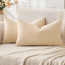 MIULEE Beige Couch Pillow Covers 12x20 Inch, Set of 2 Soft Chenille Decorative Throw Pillow Covers Farmhouse for Sofa Living Room Bed