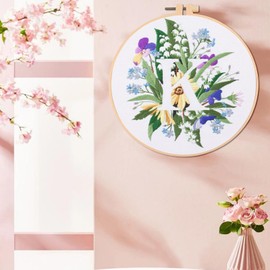 IUHUI Embroidery Kit for Beginners Adults - 26 Floral Letters Easy Patterns, DIY Hand Stitching Embroidery Set with Hoop (Flower and Grass Letter K)