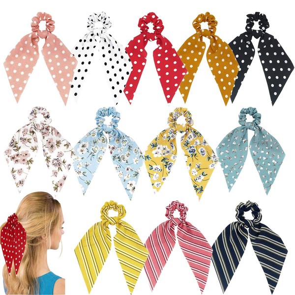 Hair Scarf Scrunchie 12pcs Hair Scarves Chiffon Scrunchies with Tails Dot Floral Hair Scarfs for Women Girls Long Hair Ribbon Ties Knotted Patterned Bow Cute Scrunchy Ponytail Holder Red Black Yellow