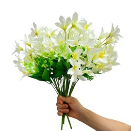 4 Bundles 30 Heads White Lily Artificial Flowers Bouquet for Outdoors,15" Silk Fake Lilies Cemetery Plastic Flowers Bulk, Fake Plants Plumeria Flowers with Stemfor Kitchen Table Centerpieces Decor