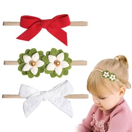 UEIOAVL Headbands for Girls, 3 Pack Baby Headbands, Handmade Velvet Hair Bows with Flowers Elastic Hair Accessories for Newborn Girls (Green, White, Red)