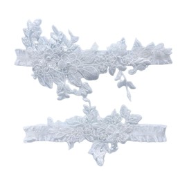 Yunyuebridal - Juego de ligas de encaje para novias, encaje floral con perlas, elástico para novias, 2 piezas, Blanco, Talla única