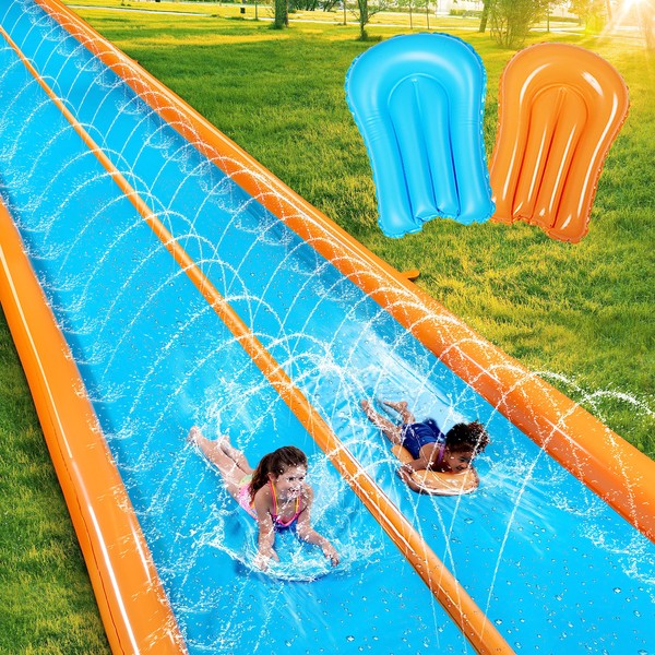 Sloosh Super Double Water Slide for Adult Kids, 25ft x 7ft Heavy Duty Lawn Water Slide with Sprinkler and 2 Slip Inflatable Boards for Party in Summer Yard Lawn Outdoor Water Play Activities