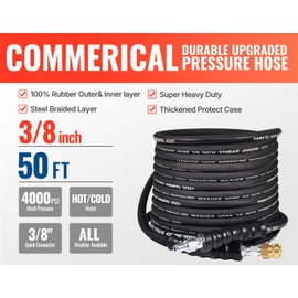 YAMATIC 3/8" Kink Resistant Pressure Washer Hose 50FT, Swivel 3/8" Quick Connector, 4000 PSI High Durability Cold Hot Water Max. 212°F, Fit Most Residential and Commercial Pressure Washer