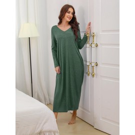 Sykooria Women's Long Nightgown Cotton Baggy Nightdress Plus Size Nightshirt Long Sleeve V Neck Sleep Dress Casual Sleepwear With Pockets(Dark Green,XL)