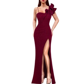 VFSHOW Womens Elegant Ruffle One Shoulder Strap Formal Prom Wedding Maxi Dress 2023 Sweetheart Ruched High Split Cocktail Sparkly Evening Long Gown (Dark Red, Medium) 10753 BUR M