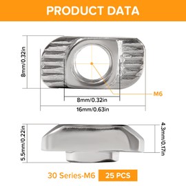 Lyeteung 25 Pieces 30 Series M6 T-slot nuts, hammer head nuts, drop in T-slot nuts, for European standard 30 series T-slot aluminium extrusion profile