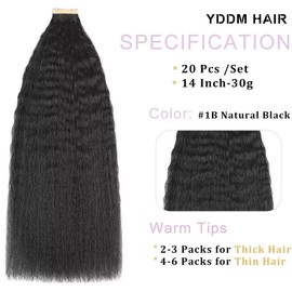 YDDM Black Women Tape Extensions, Real Hair, Black, Kinky Straight Tape-In Hair Extensions, Real Hair Tapes, Invisible Extensions, Real Hair, Tape Extensions, Real Hair, 14 Inches, 20 Pieces, 30 g