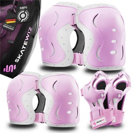 SKATEWIZ - Juego de rodilleras y coderas para niños, tamaño XS de impacto en color rosa y blanco, rodilleras para niños, almohadillas para orejas de patinaje, rodilleras y codos para niños de 6 a 8