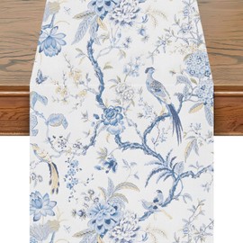 Snylcce 13x108 Inch Table Runner Blue White Bird Flower Chinoiserie Table Runners Modern Elegant Luxury Farmhouse Geometric Table Center White Linen Decor for Home Dining Party Entrance