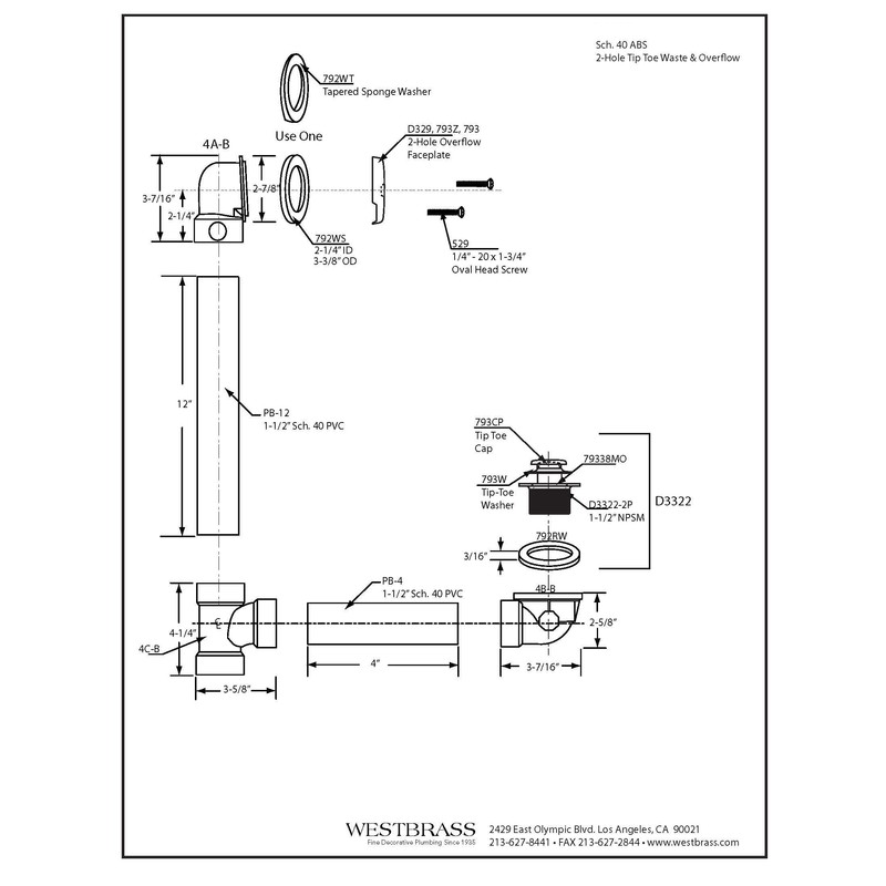 Westbrass A4931-62 1-1/2" x 12" Bath Waste & Overflow Assembly