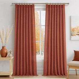 PleatedDrapes Decorative Burnt Orange Sheer Curtains 96 Inches Long for Sliding Glass Doors, Farmhouse Cottage Core Fall Pinch Pleat Linen Blend 96 Inch Curtain 2 Panel Set Light Filtering Drapes Rust