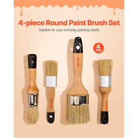 VEVOR Chalk Wax Paint Brush, 4 Piece Wax Paint Brush, Stain Brushes for Furniture, Acrylic Painting,Milk Paint,Home Decor, Natural Bristle Round Oval Chalk Paint Brushes for All Painting and Waxing